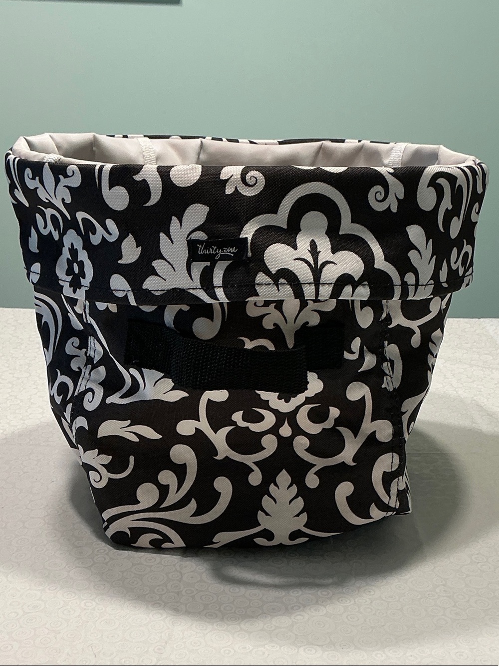 Thirty-One Round Utility Bin - retired "Black Parisian Pop" damask pattern.